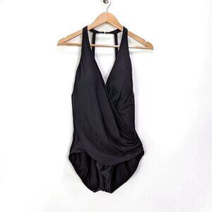 Miraclesuit Size L One Piece Faux Wrap Tummy Hiding Bathing Swimsuit in Black